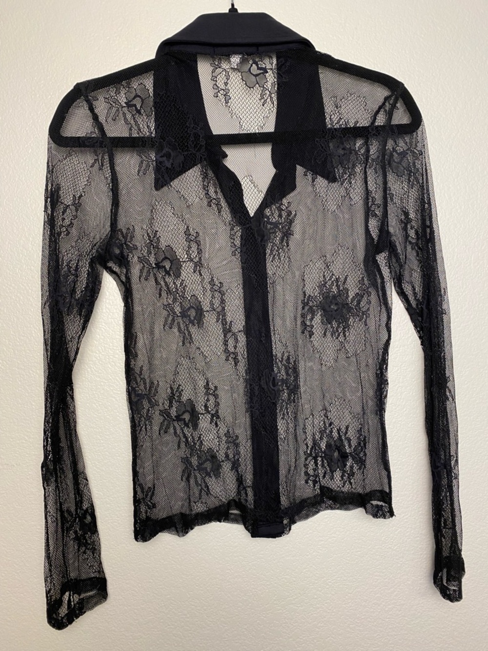 EUC bebe Black Sheer Lace Button‑Up Top Size M | Y2K Mesh Floral Blouse - Picture 5 of 8